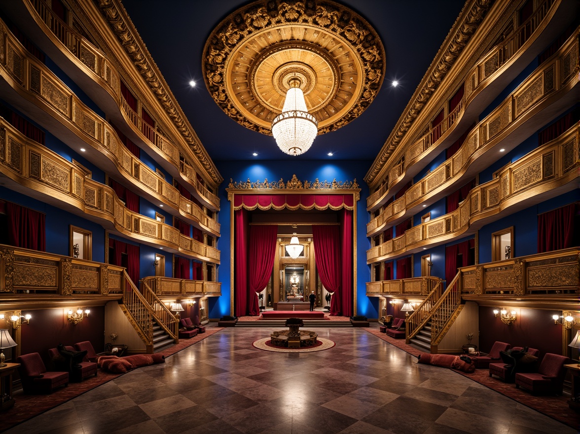 Prompt: Luxurious opera house interior, sapphire blue walls, gold ornate details, velvety red curtains, crystal chandeliers, grand staircase, marble floors, intricate moldings, lavish furnishings, regal atmosphere, dramatic spotlights, soft warm glow, 1/1 composition, symmetrical architecture, opulent textures, high-contrast lighting, refined elegance.