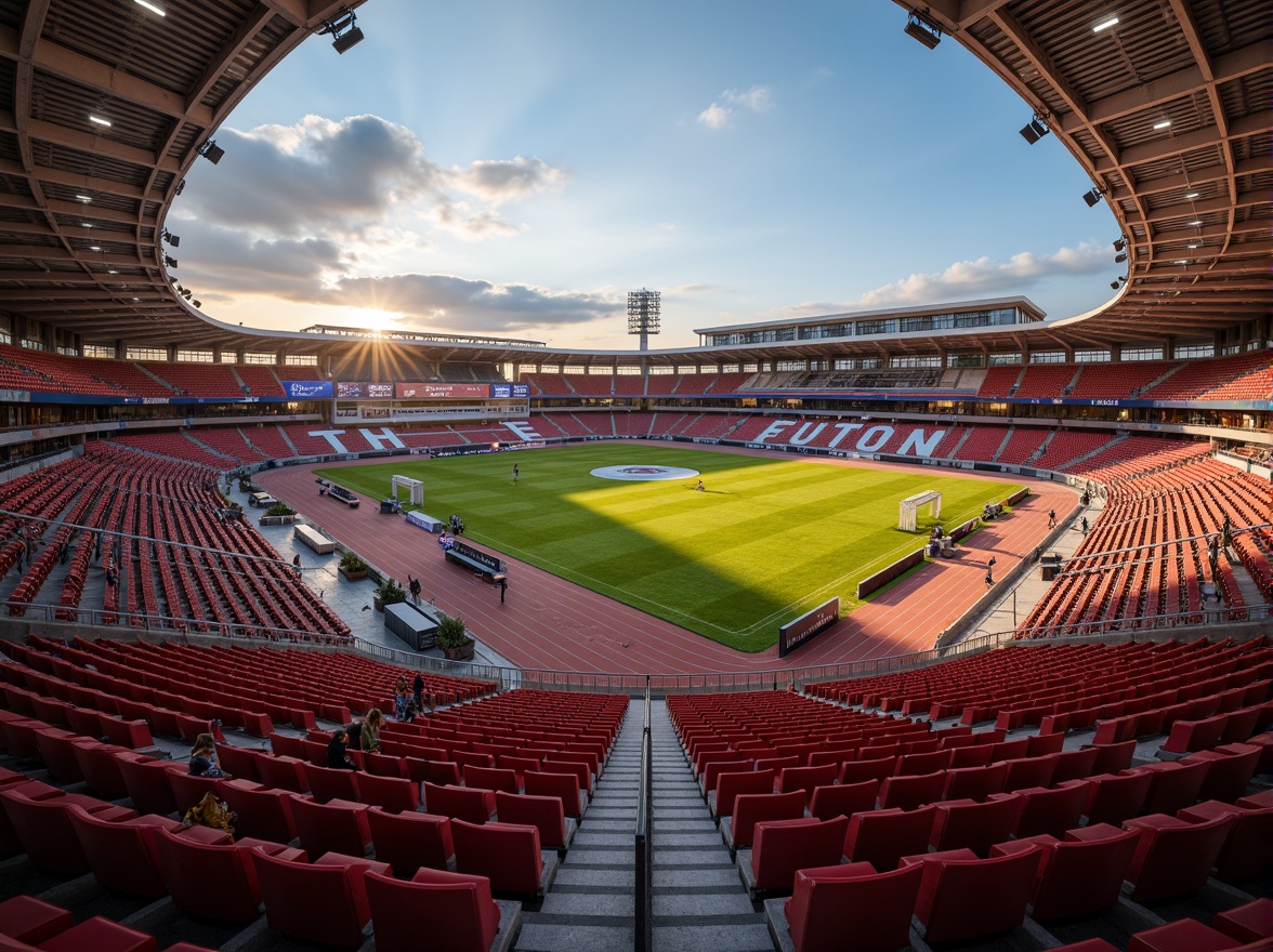 Prompt: Vibrant maroon stadium, tiered seating, lush green grass, athletic tracks, scoreboard displays, floodlighting, evening atmosphere, warm golden lighting, shallow depth of field, 2/3 composition, panoramic view, realistic textures, ambient occlusion, metallic railings, concrete floors, modern architecture, sleek lines, minimalistic design.