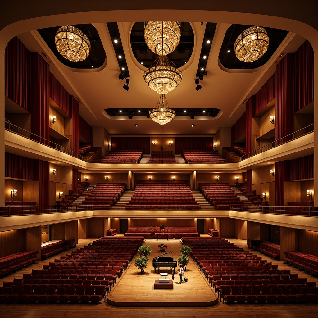 Prompt: Luxurious concert hall, tiered seating, velvet curtains, polished wooden floors, sound-absorbing panels, ornate chandeliers, grand pianos, spotlights, intimate atmosphere, warm ambient lighting, 1/1 composition, shallow depth of field, soft focus, realistic textures, ambient occlusion, high ceilings, elegant archways, acoustic diffusers, sound-reflecting surfaces, reverberation control systems, comfortable seating areas, rich textiles, intricate moldings.