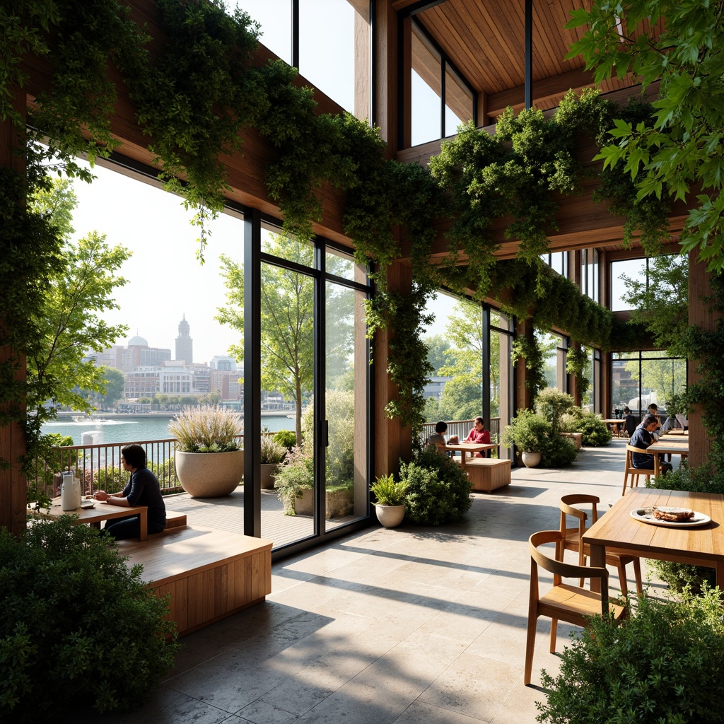 Prompt: Vibrant coffee shop, lush green walls, living plants, reclaimed wood accents, natural stone flooring, minimalist decor, modern architecture, large windows, glass doors, outdoor seating area, urban landscape views, cityscape backdrop, warm sunny day, soft warm lighting, shallow depth of field, 3/4 composition, panoramic view, realistic textures, ambient occlusion.