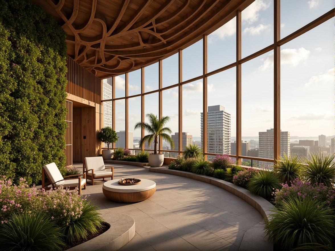 Prompt: Luxurious penthouse, organic architecture, curvaceous lines, natural materials, reclaimed wood accents, living green walls, lush rooftop garden, vibrant flowers, modern minimalist interior, floor-to-ceiling windows, sliding glass doors, breathtaking city views, warm golden lighting, shallow depth of field, 1/1 composition, symmetrical framing, realistic textures, ambient occlusion.