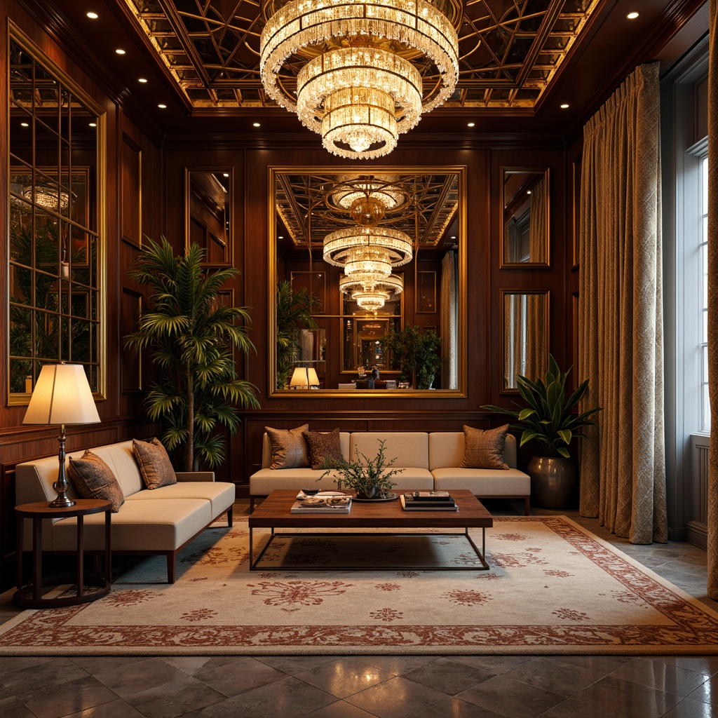 Prompt: Luxurious apartment, opulent Art Deco style, geometric patterns, metallic accents, ornate mirrors, crystal chandeliers, velvet drapes, rich wood paneling, marble floors, gilded moldings, ornamental ceilings, lavish furnishings, sophisticated color palette, bold typography, elegant lines, luxurious fabrics, refined textures, warm golden lighting, shallow depth of field, 1/1 composition, realistic reflections, ambient occlusion.