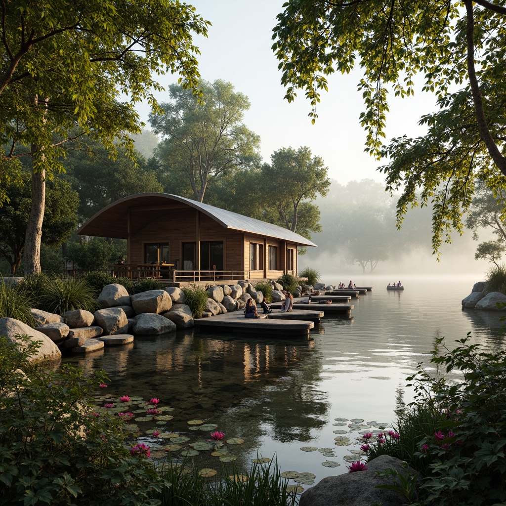 Prompt: Rustic boathouse, natural stone foundation, wooden docks, serene lake views, lush greenery, overhanging trees, vibrant flowers, water lilies, rippling water effects, soft warm lighting, misty morning atmosphere, shallow depth of field, 3/4 composition, panoramic view, realistic textures, ambient occlusion, curved lines, organic shapes, earthy color palette, reclaimed wood accents, natural materials, minimalist decor, cozy interior spaces, nautical elements, vintage boat decorations.