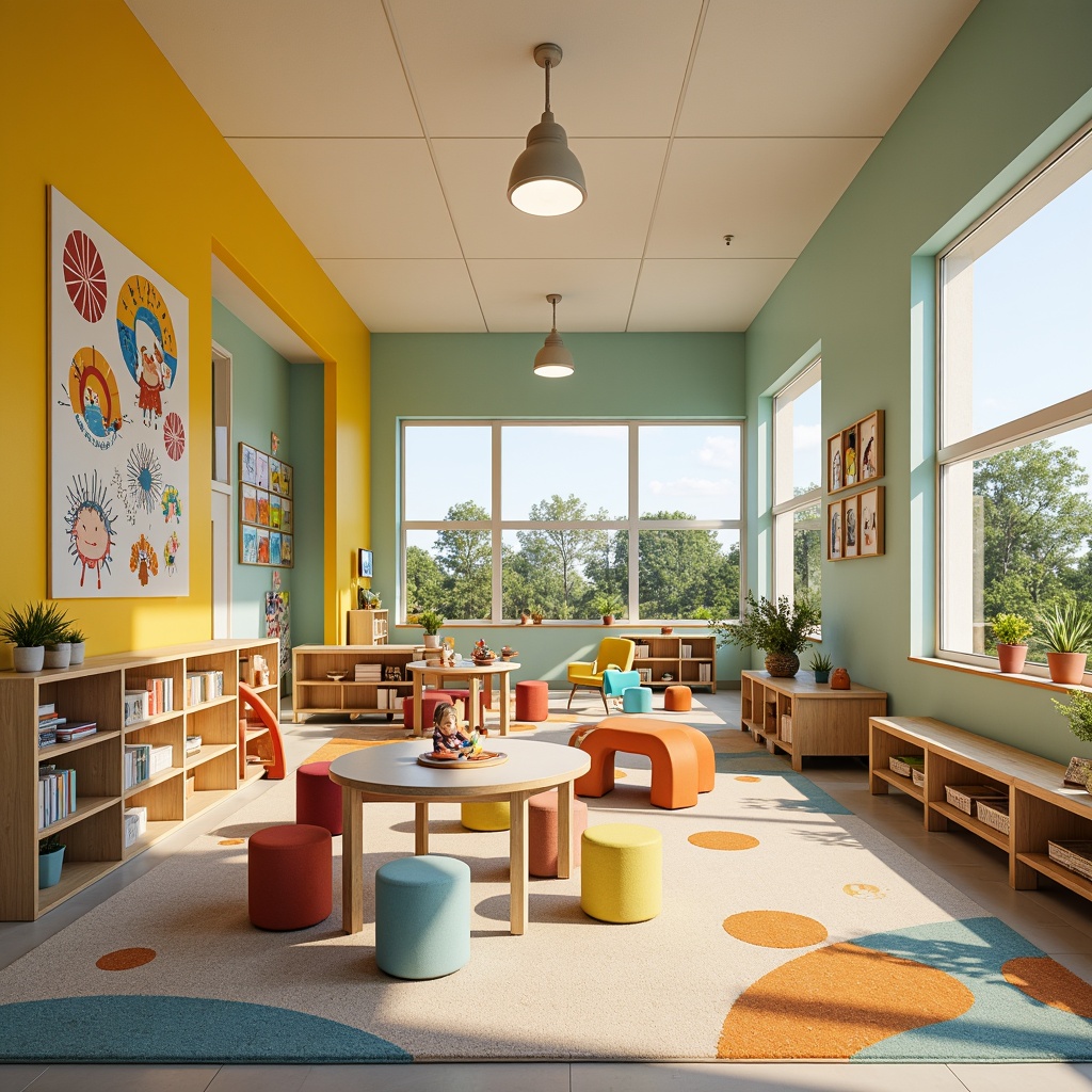 Prompt: Vibrant kindergarten interior, playful color scheme, bright primary hues, pastel shades, soft whites, creamy yellows, calming blues, energetic oranges, whimsical patterns, educational graphics, interactive displays, wooden furniture, cozy reading nooks, natural textiles, flexible seating arrangements, collaborative learning spaces, modern kid-friendly design, abundant natural light, warm and inviting atmosphere, shallow depth of field, 1/1 composition, realistic textures, ambient occlusion.