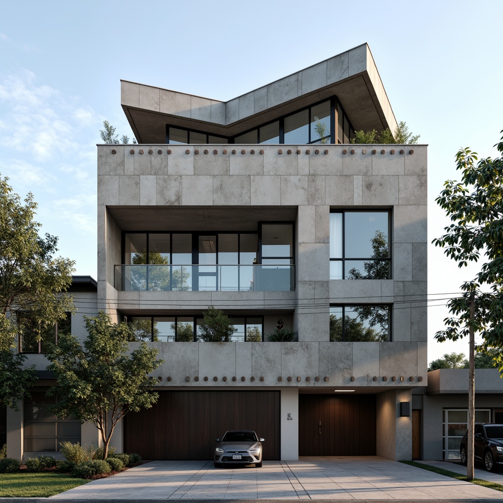 Prompt: Brutalist house facade, rugged concrete texture, angular geometric shapes, minimalist ornamentation, cantilevered roofs, asymmetrical composition, bold structural elements, industrial-style windows, metal accents, urban context, busy street scene, natural light, high-contrast shadows, dramatic lighting effects, 1/2 composition, Dutch angle shot, realistic materials, detailed textures.