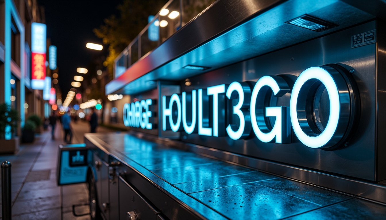 Prompt: Futuristic charging station, neon-lit signage, metallic surfaces, glowing LED lights, sleek minimalist design, angular lines, high-gloss finishes, electric blue accents, silver chrome details, modern typography, urban cityscape, nighttime atmosphere, shallow depth of field, 3/4 composition, panoramic view, realistic textures, ambient occlusion.