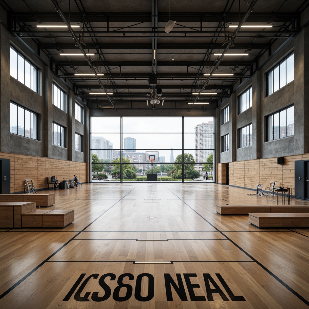 Prompt: Modernist gymnasium, industrial chic aesthetic, functionalist architecture, rectangular forms, clean lines, minimal ornamentation, steel beams, concrete floors, large windows, natural light, open spaces, athletic equipment, sports flooring, wooden bleachers, minimalist color scheme, bold typography, geometric patterns, urban landscape, cityscape background, overcast sky, softbox lighting, 1/2 composition, symmetrical framing, realistic textures, ambient occlusion.