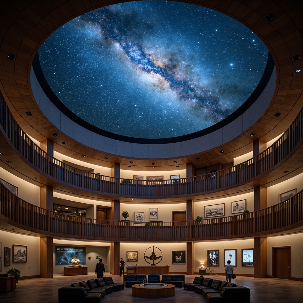 Prompt: Celestial-themed planetarium, academic style architecture, natural lighting effects, starry night sky projections, dome-shaped ceiling, circular seating arrangement, minimalist decor, educational exhibits, interactive displays, astronomical instruments, telescopes, globes, subtle color scheme, soft warm illumination, ambient occlusion, shallow depth of field, 3/4 composition, panoramic view, realistic textures.