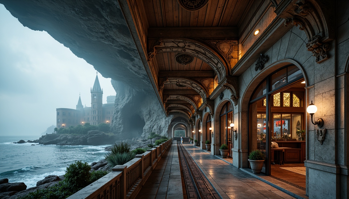 Prompt: Grandiose tram station, rugged coastline, crashing waves, salty sea air, mysterious gargoyles, intricate stone carvings, pointed arches, ribbed vaults, flying buttresses, grand hall, high ceilings, stained glass windows, ornate chandeliers, weathered copper accents, rusticated stonework, dramatic lighting, misty atmosphere, atmospheric perspective, 1-point composition, rich textures, ambient occlusion.