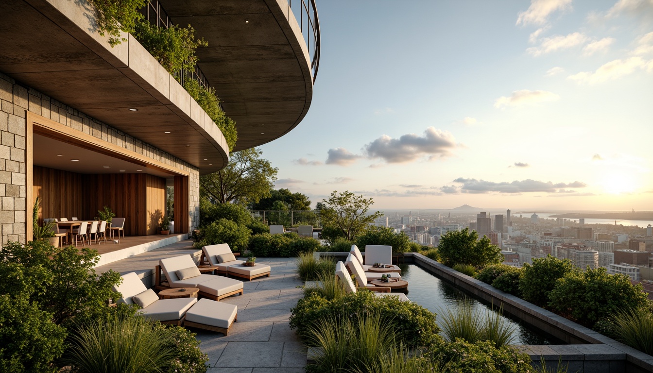 Prompt: Luxurious penthouse, organic curves, natural stone walls, lush green roofs, expansive floor-to-ceiling windows, sliding glass doors, panoramic city views, soft warm lighting, gentle morning sunbeams, indirect northern light, minimalist decor, earthy color palette, reclaimed wood accents, living walls, verdant balconies, urban jungle oasis, dramatic ceiling heights, open-plan living spaces, elegant spiral staircases, sophisticated smart home systems.