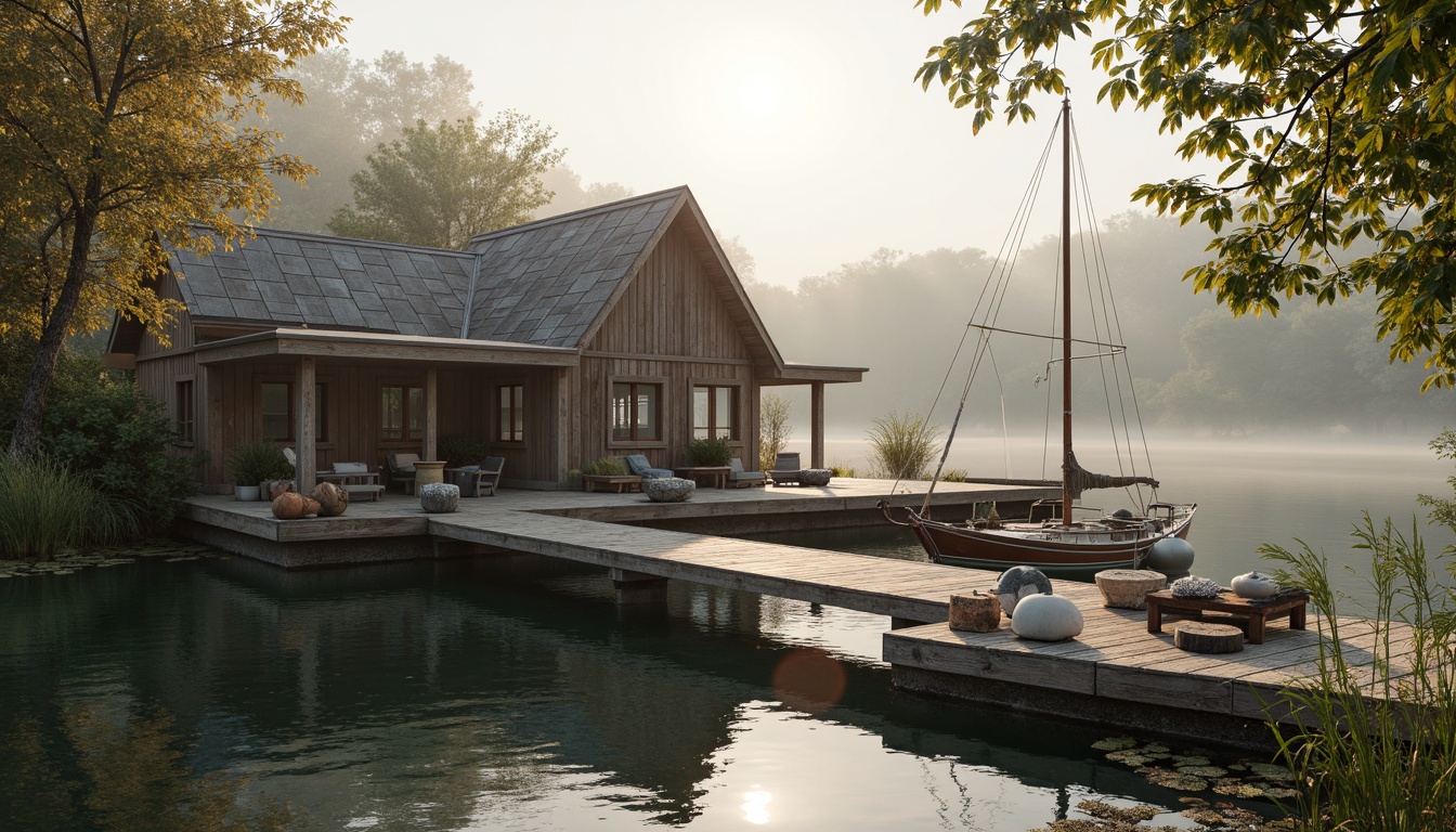 Prompt: Waterfront boathouse, rustic wooden dock, vintage nautical ropes, distressed sailboats, weathered driftwood, serene lake reflections, misty morning atmosphere, soft warm lighting, shallow depth of field, 1/1 composition, panoramic view, realistic textures, ambient occlusion; earthy tone palette, mossy green, weathered wood brown, sea salt gray, sky blue accents, coral pink highlights, golden sunset hues.