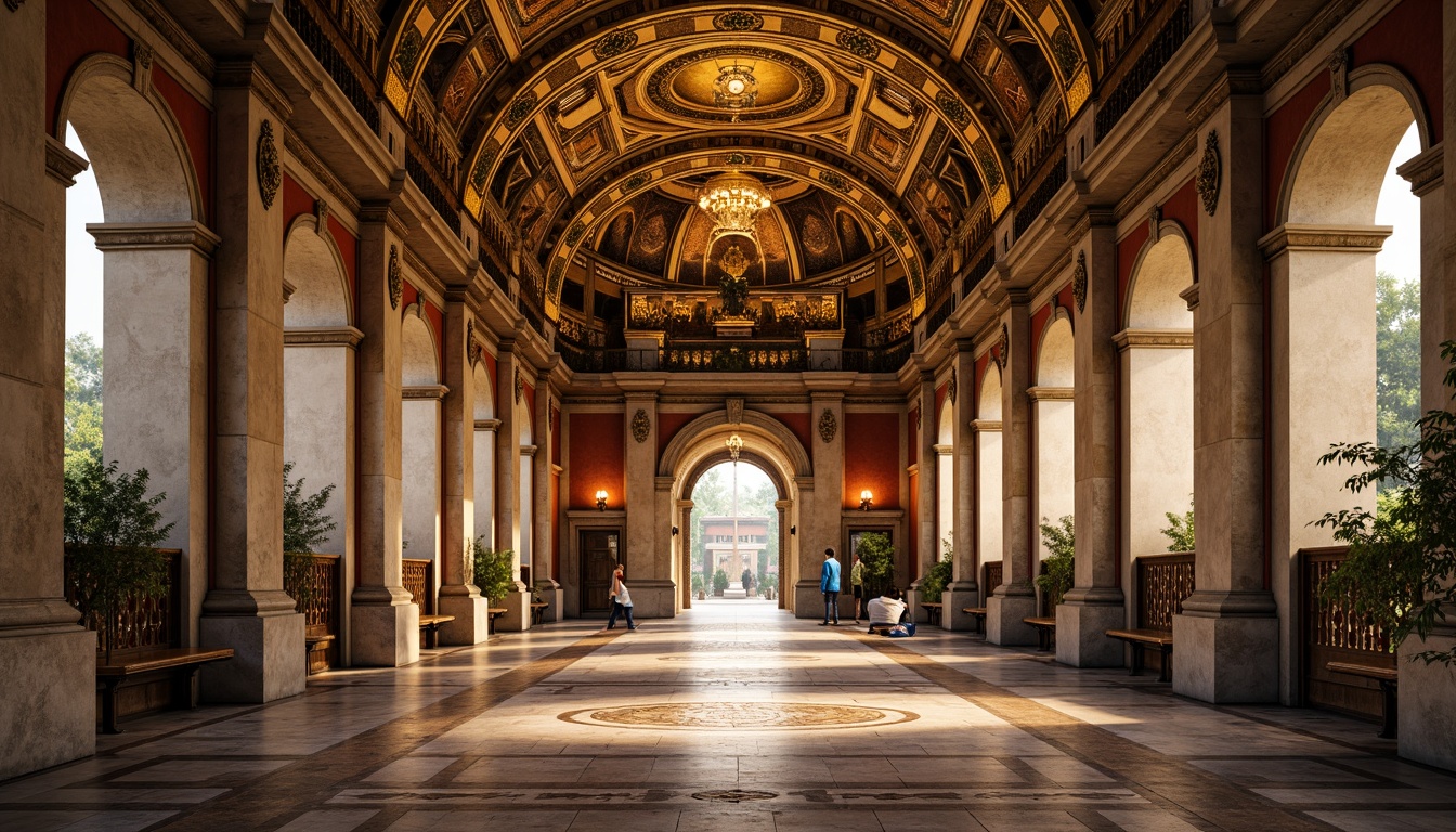 Prompt: Intricate mosaics, golden domes, ornate archways, symmetrical facades, grand entranceways, marble columns, lavish ornaments, richly patterned floors, vaulted ceilings, solemn atmosphere, soft warm lighting, subtle color palette, highly detailed textures, realistic reflections, 3/4 composition, central axis symmetry, dramatic depth of field.