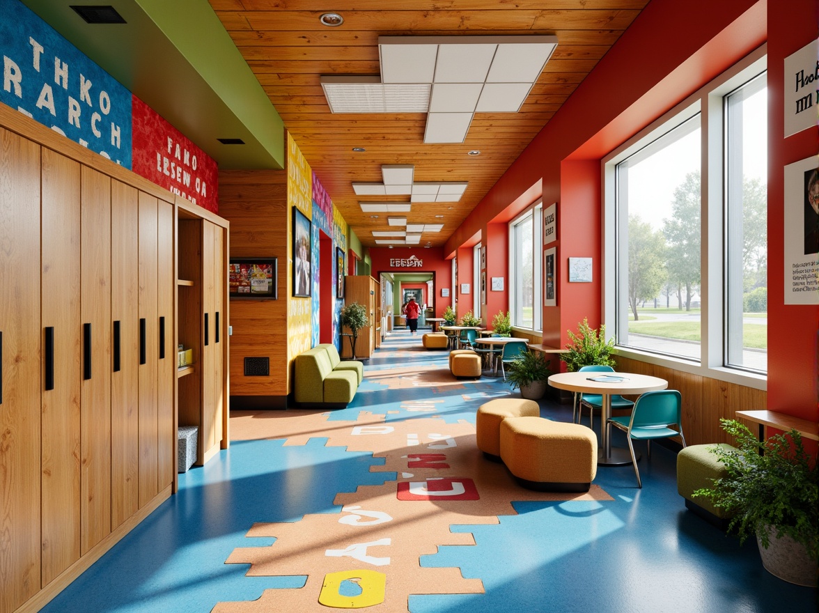 Prompt: Vibrant middle school hallway, eclectic expressionist artwork, bold color schemes, irregular shapes, textured walls, wooden lockers, collaborative learning spaces, flexible seating arrangements, circular tables, writable surfaces, inspirational quotes, natural light pouring, softbox lighting, shallow depth of field, 1/2 composition, warm and inviting atmosphere, abstract geometric patterns, organic forms, creative freedom, stimulating environment.