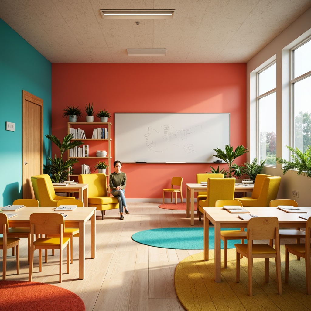 Prompt: Vibrant educational setting, bright coral walls, calming turquoise accents, energetic yellow furniture, natural wood tones, creamy whiteboards, geometric patterns, modern minimalist decor, abundant natural light, soft warm glow, shallow depth of field, 1/1 composition, realistic textures, ambient occlusion.