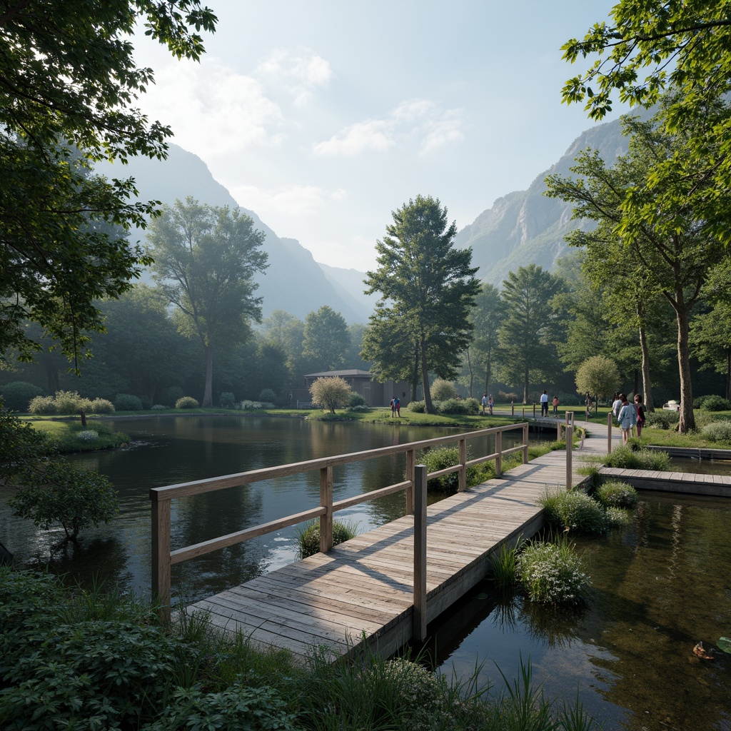 Prompt: Serene lakefront, calm waters, lush greenery, wooden bridges, natural stone foundations, steel beams, rustic railings, weathered wood textures, earthy tones, blues and greens color palette, soft warm lighting, misty atmosphere, shallow depth of field, 3/4 composition, panoramic view, realistic water reflections, ambient occlusion.Please let me know if this meets your requirements!