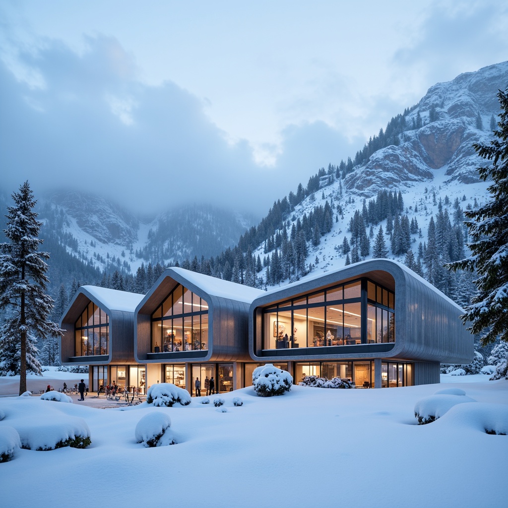 Prompt: Snow-capped mountains, frosty winter air, modern ski center architecture, curved glass facades, metallic cladding, angular lines, cantilevered roofs, snowflake-inspired patterns, icy blue tones, frosty white accents, warm wooden textures, cozy interior lighting, dramatic vertical composition, low-angle photography, misty morning atmosphere, soft focus blur, ambient occlusion.