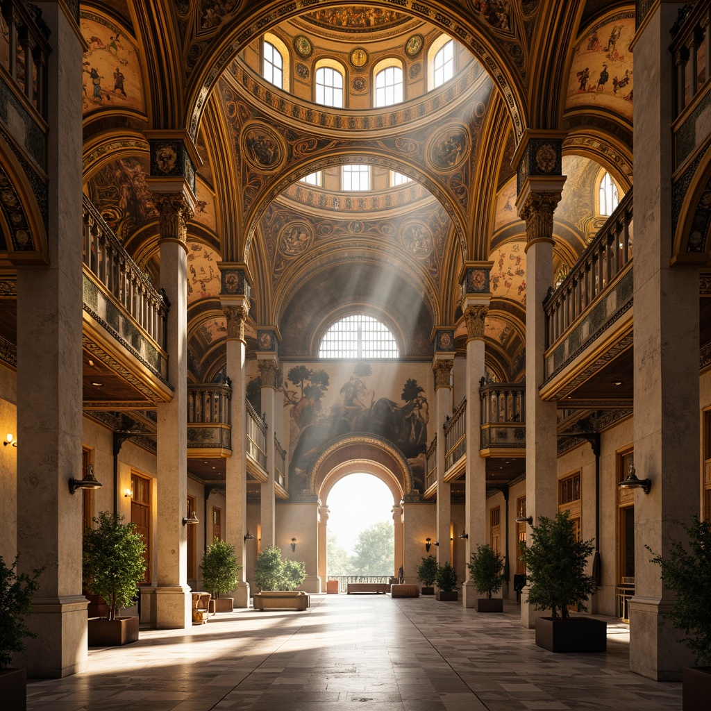 Prompt: Golden domes, intricate mosaics, ornate arches, vaulted ceilings, grand entrance halls, marble floors, ornamental columns, natural light pouring through clerestory windows, warm sunbeams, soft ambient lighting, dramatic shadows, rich textures, ornate frescoes, Byzantine patterns, lavish decorations, regal atmosphere, serene ambiance, symmetrical composition, central perspective, realistic rendering.