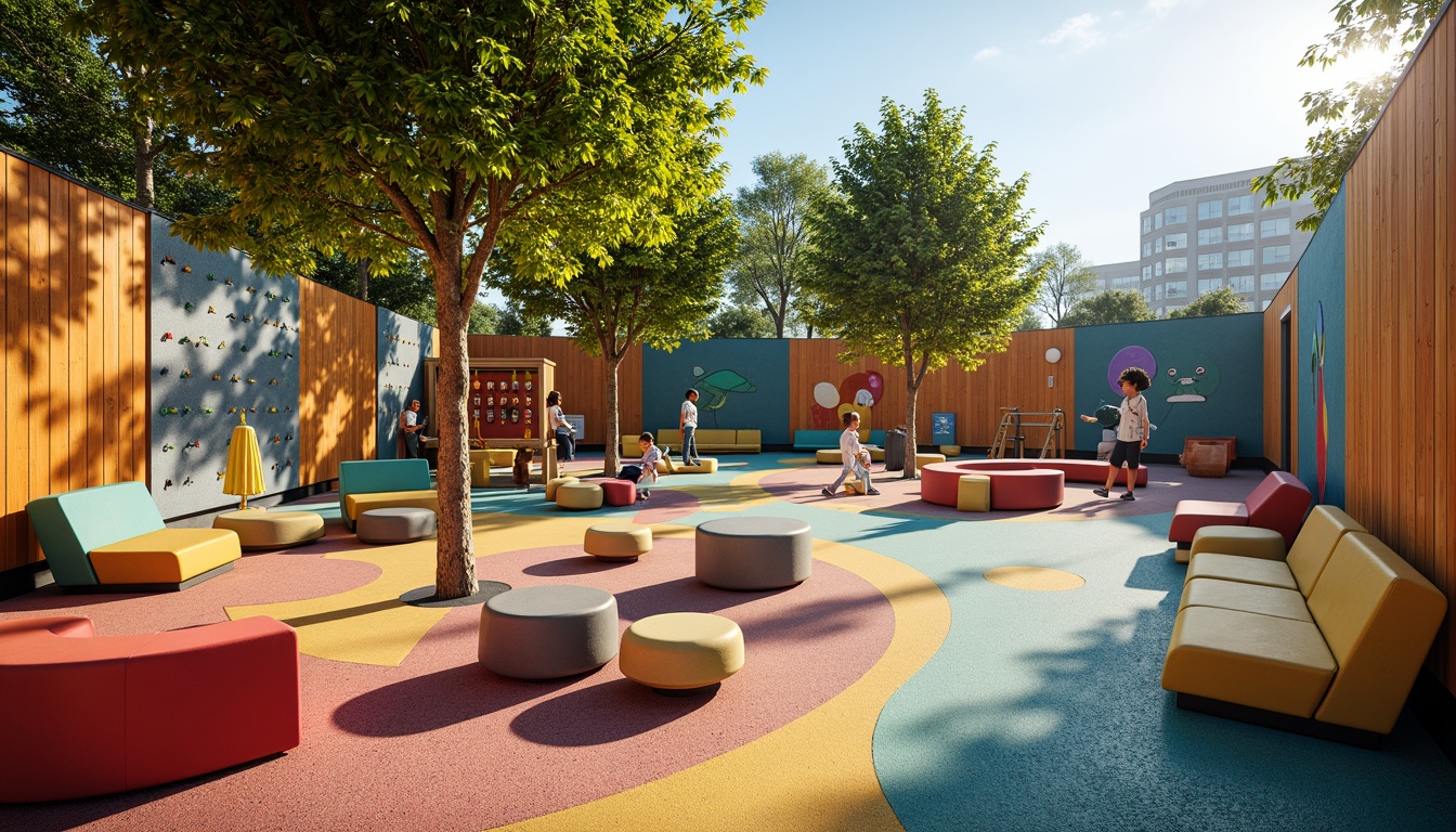 Prompt: Vibrant playground, colorful rubber flooring, textured climbing walls, whimsical murals, playful sculptures, soft padded benches, interactive game stations, sensory stimulation areas, accessible ramps, inclusive play equipment, natural wood accents, earthy tone color palette, warm sunny lighting, shallow depth of field, 1/1 composition, realistic textures, ambient occlusion.