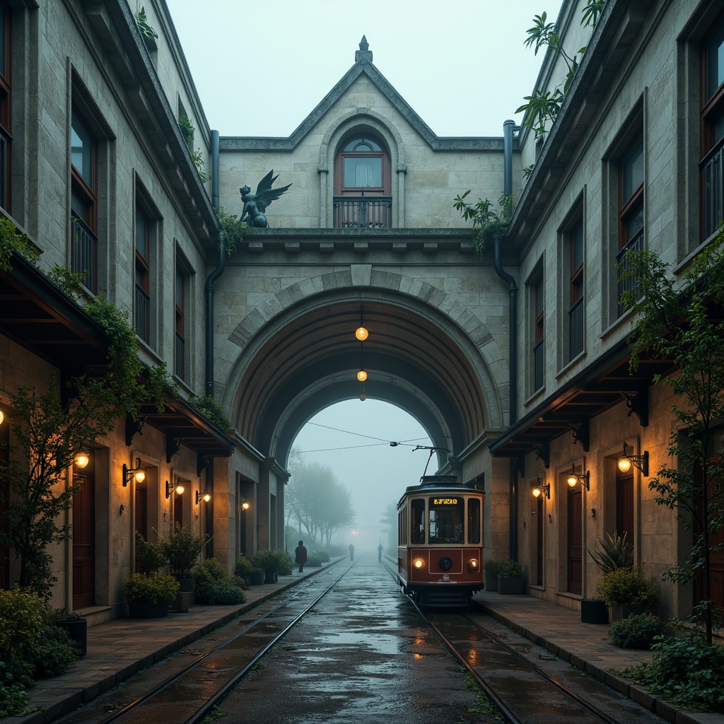 Prompt: Mysterious coastal tram station, Gothic Revival architecture, weathered stone walls, pointed arches, ribbed vaults, flying buttresses, grotesque gargoyles, water-spouting mouths, mythical creatures, seaweed-covered statues, ocean-inspired ornaments, misty sea air, foggy morning light, soft diffused illumination, high-contrast shadows, dramatic composition, ornate ironwork, grand entrance hall, vintage tramcars, nostalgic atmosphere, eerie ambiance.