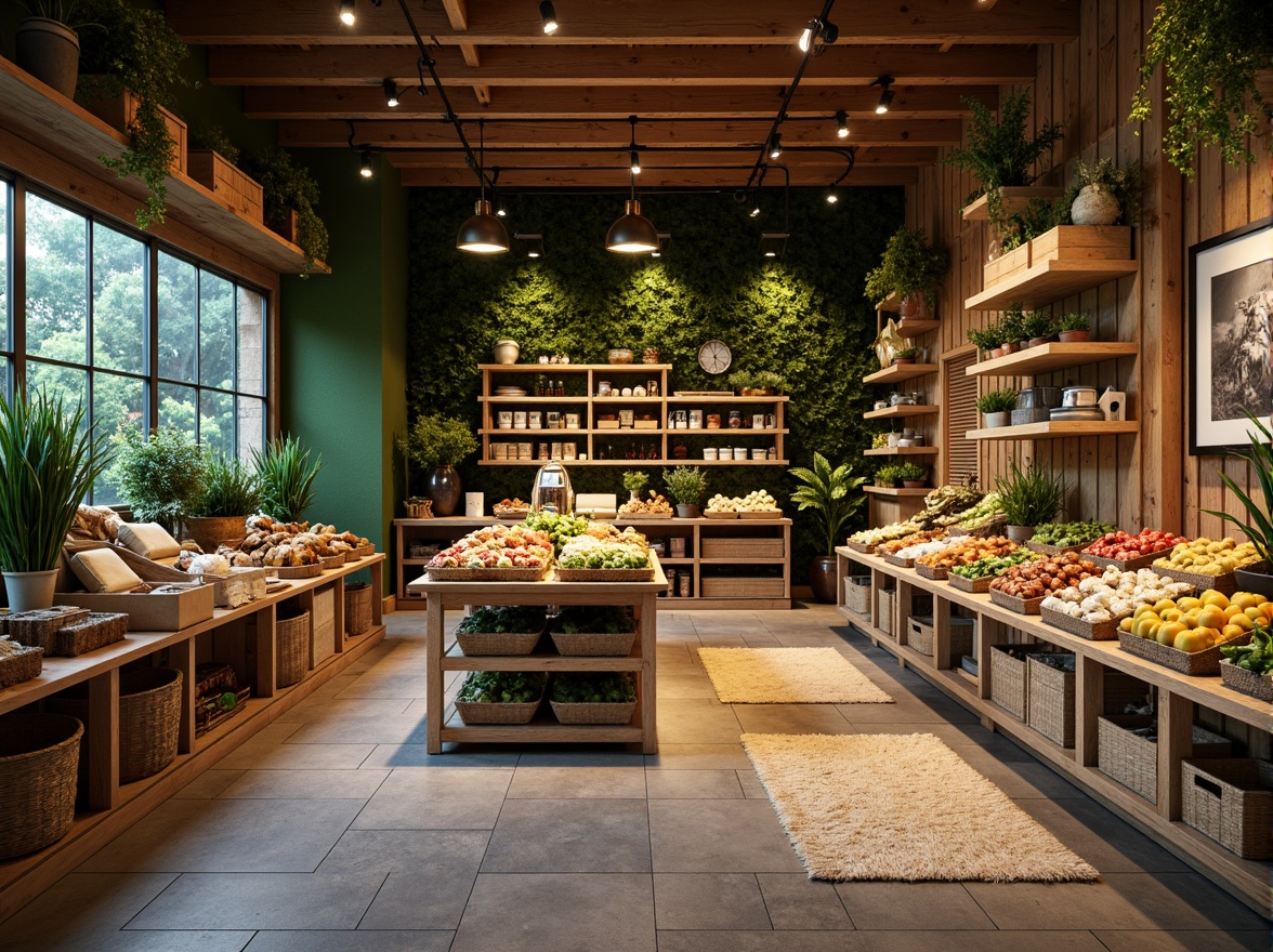 Prompt: Earthy grocery store interior, reclaimed wood shelves, living green walls, natural stone flooring, bamboo countertops, rattan baskets, woven fiber rugs, organic produce displays, wooden crates, vintage metal lanterns, warm ambient lighting, soft earthy tones, 3/4 composition, realistic textures, shallow depth of field.