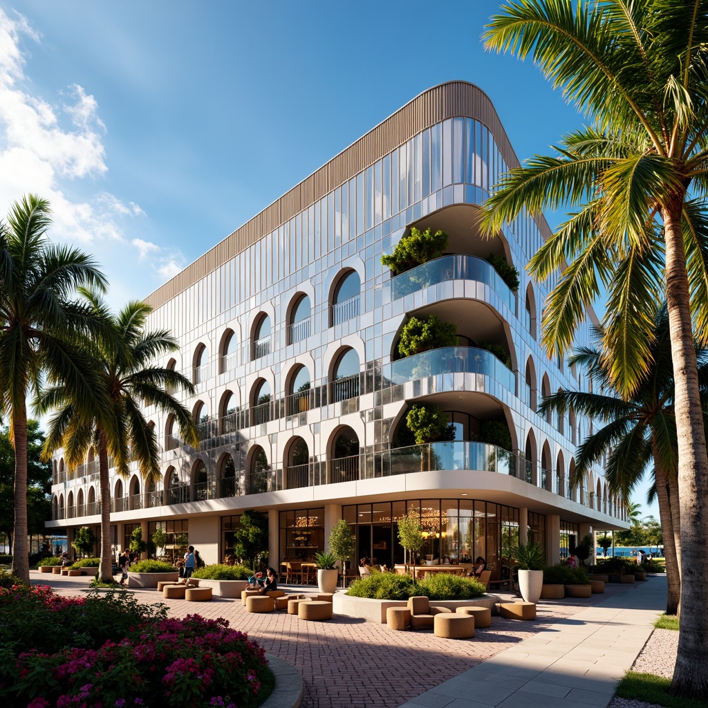 Prompt: Art Deco building, geometric metallic fa\u00e7ade, ornate chrome accents, reflective glass surfaces, angular lines, opulent luxurious interiors, lavish chandeliers, intricate patterns, bold color schemes, sun-kissed Miami Beach, vibrant tropical flowers, palm trees, sunny day, warm soft lighting, shallow depth of field, 3/4 composition, panoramic view, realistic textures, ambient occlusion.