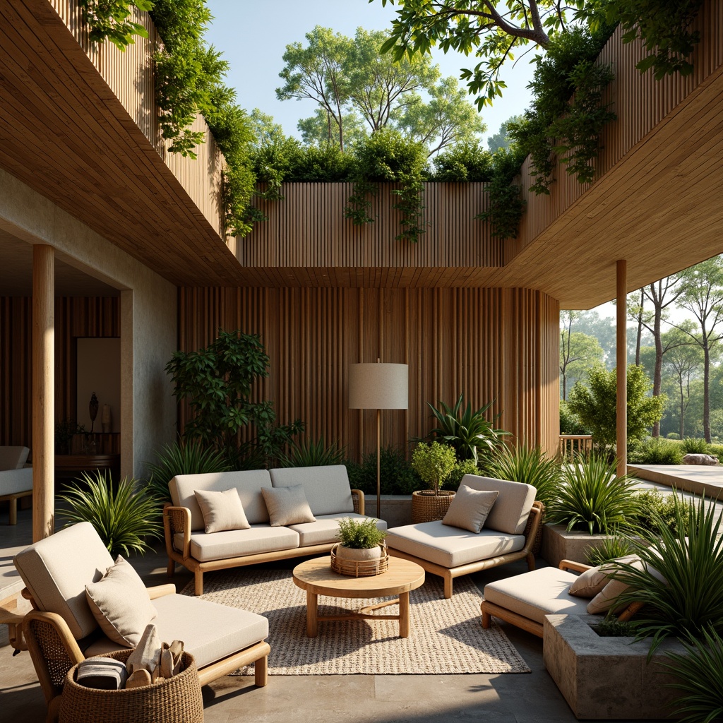 Prompt: Earthy tones, reclaimed wood accents, natural stone walls, bamboo flooring, woven rattan furniture, living green roofs, lush vegetation, organic shapes, curved lines, minimal ornamentation, warm ambient lighting, soft shadows, earthy scent, serene atmosphere, 1/1 composition, shallow depth of field, realistic textures, ambient occlusion.