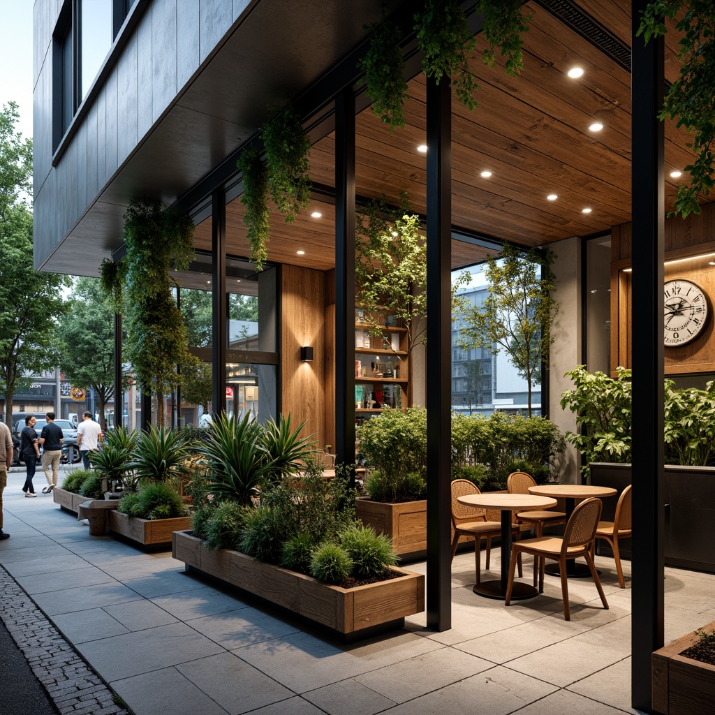 Prompt: Trendy coffee shop, urban setting, bustling streets, modern facade design, large glass windows, wooden accents, metal frames, green walls, living plants, natural stone floors, industrial chic interior, reclaimed wood decor, cozy atmosphere, warm lighting, shallow depth of field, 1/1 composition, realistic textures, ambient occlusion.