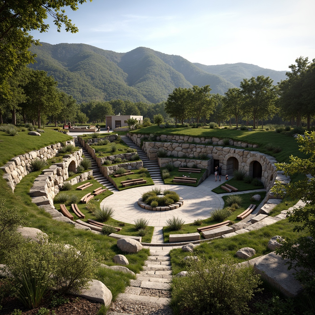 Prompt: Natural amphitheater setting, rolling hills, lush greenery, tiered seating areas, curved walkways, wooden benches, native plant species, rustic stone walls, meandering streams, serene water features, warm sunny day, soft diffused lighting, shallow depth of field, 3/4 composition, panoramic view, realistic textures, ambient occlusion.