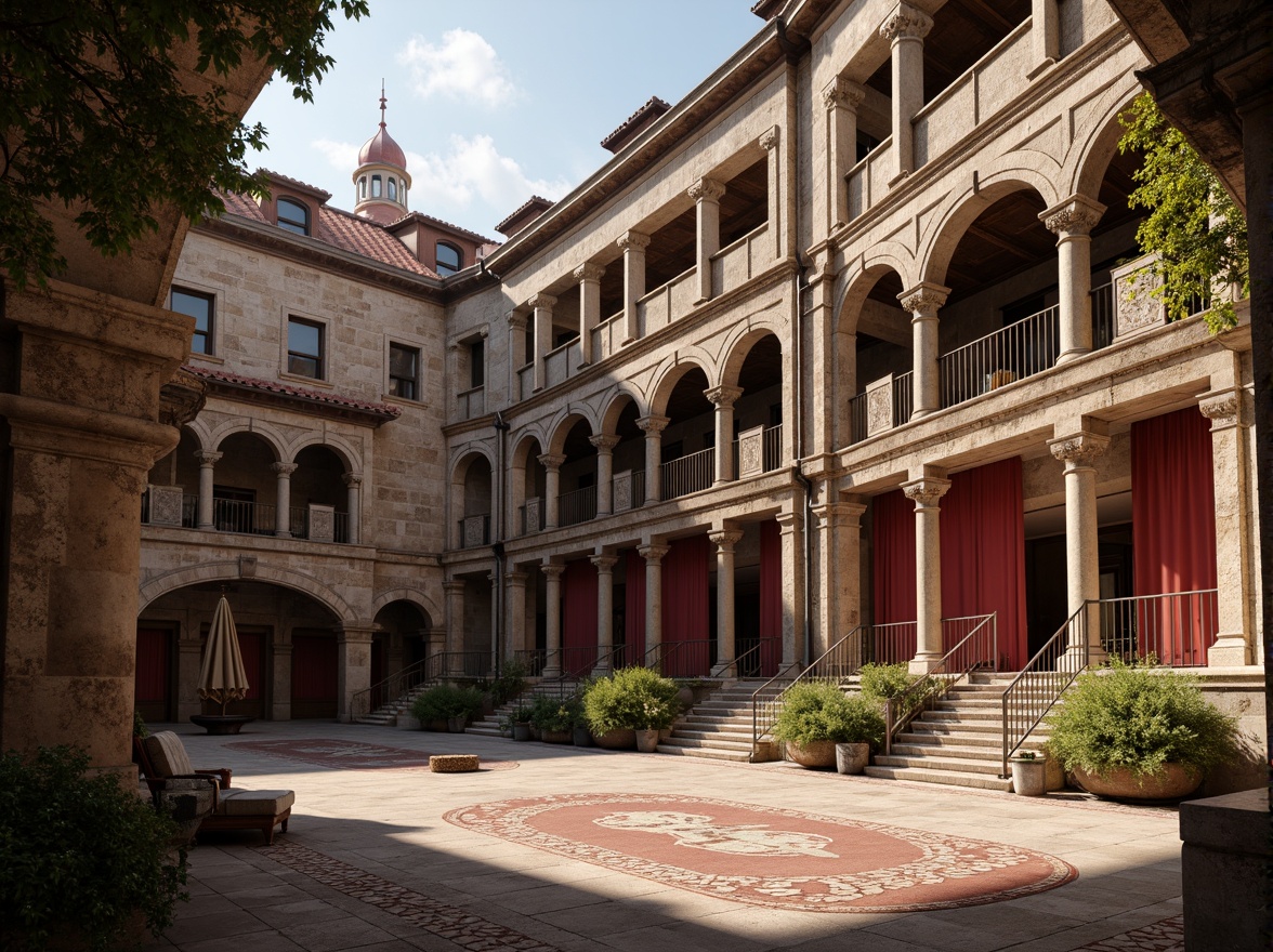 Prompt: Renaissance-style amphitheater, ornate stone carvings, rustic brick facades, terracotta rooftops, weathered wooden accents, rich velvet curtains, gilded bronze details, intricate marble inlays, polished granite floors, soft warm lighting, dramatic shadows, 3/4 composition, low-angle view, atmospheric perspective, realistic textures, ambient occlusion.