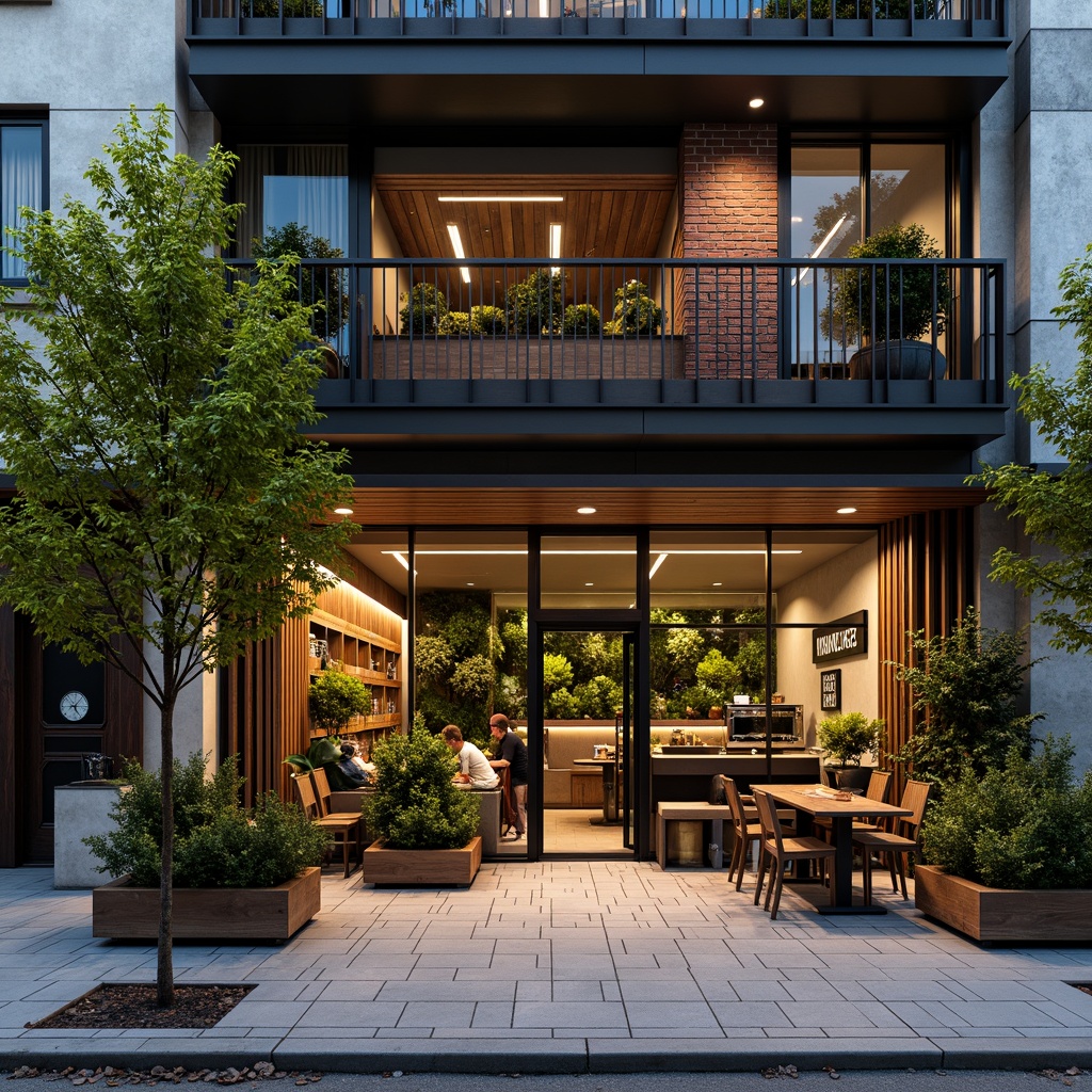 Prompt: Vibrant coffee shop facade, industrial chic aesthetic, exposed brick walls, steel beams, reclaimed wood accents, large glass windows, sliding doors, cozy outdoor seating areas, lush greenery, vertical gardens, modern minimalist signage, warm LED lighting, shallow depth of field, 1/1 composition, realistic textures, ambient occlusion, bustling street scene, urban atmosphere.