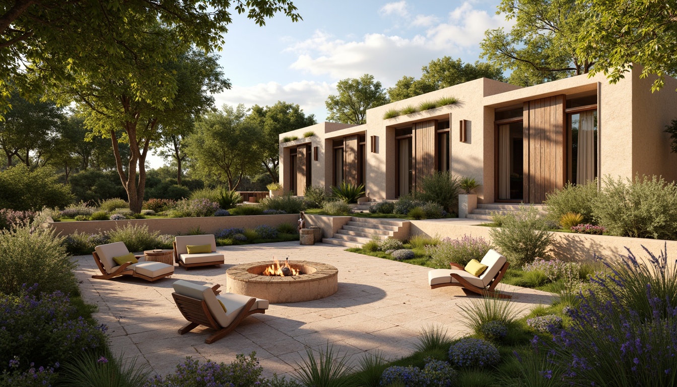 Prompt: Earthy dwelling, natural stone exterior, warm beige walls, rustic wooden accents, cozy fire pit, lush greenery, vibrant wildflowers, sunny afternoon, soft warm lighting, shallow depth of field, 3/4 composition, panoramic view, realistic textures, ambient occlusion.