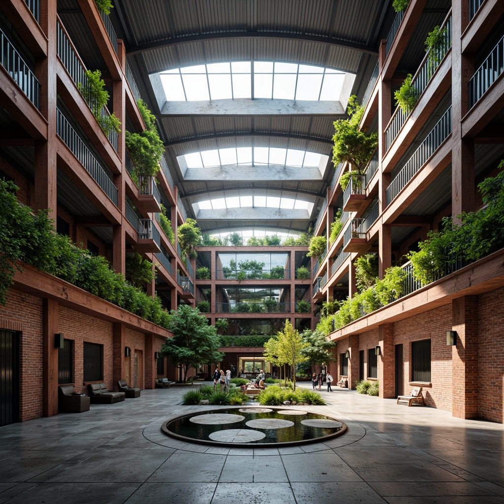 Prompt: Industrial heritage building, exposed brick walls, metallic beams, reclaimed wood accents, green roof systems, solar panels, wind turbines, rainwater harvesting, grey water reuse, eco-friendly materials, energy-efficient equipment, natural ventilation systems, clerestory windows, soft diffused lighting, shallow depth of field, 2/3 composition, symmetrical balance, rustic-chic aesthetic, vibrant color pops, abstract geometric patterns, futuristic machinery integrations.