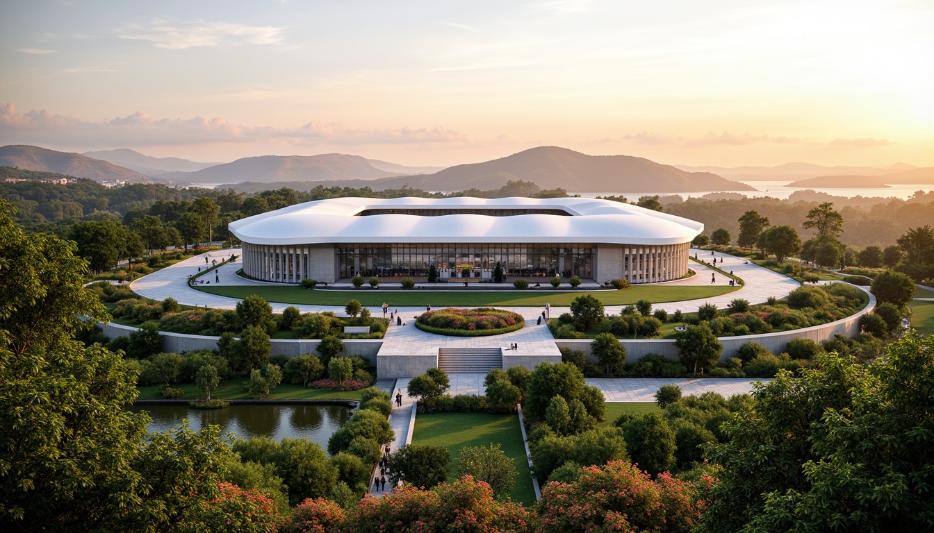 Prompt: Sleek modern stadium, curved architecture, cantilevered roofs, lush greenery, natural stone facades, vibrant flowers, panoramic views, seamless landscape integration, rolling hills, scenic walkways, meandering streams, tranquil ponds, ambient lighting, warm sunset glow, shallow depth of field, 3/4 composition, realistic textures, ambient occlusion.