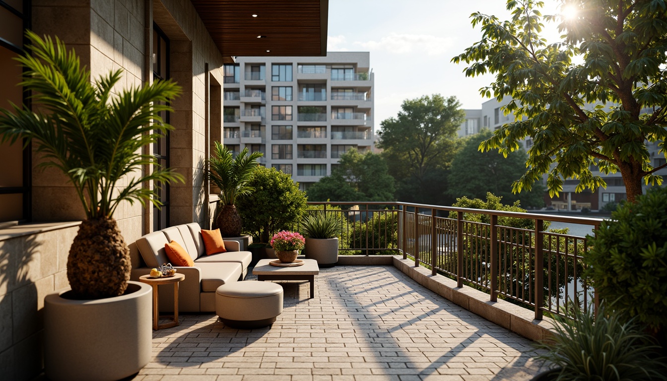 Prompt: Luxurious apartment balcony, ornate metal railings, geometric patterned tiles, lush greenery, potted palms, vibrant tropical flowers, sleek modern planters, Art Deco inspired furniture, curved lines, metallic accents, luxurious textiles, ambient warm lighting, shallow depth of field, 1/1 composition, soft focus, realistic materials, subtle gradient maps.