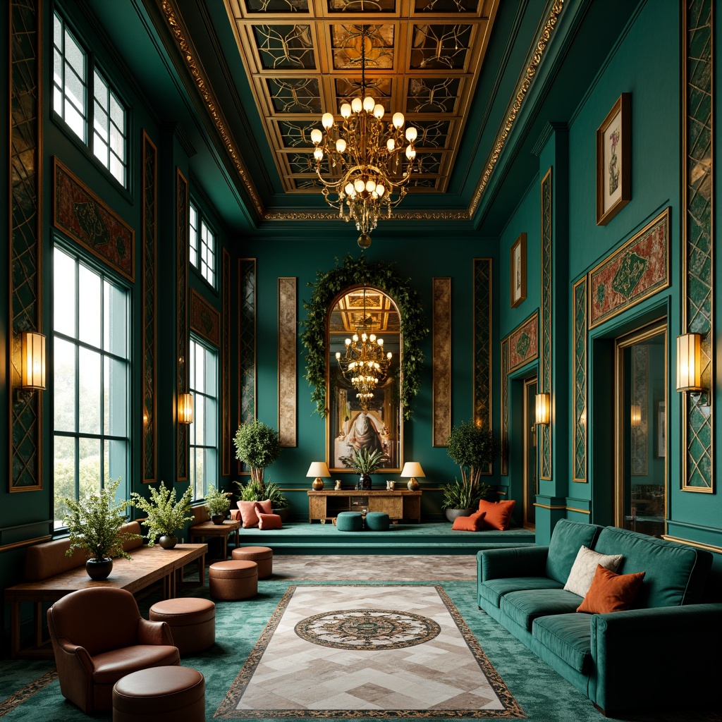 Prompt: Luxurious Art Deco interior, rich jewel tones, emerald green walls, navy blue accents, metallic gold fixtures, ornate geometric patterns, velvet fabrics, marble floors, grand chandeliers, opulent drapery, lavish furnishings, sophisticated ambiance, soft warm lighting, shallow depth of field, 1/2 composition, cinematic view, realistic textures, ambient occlusion.