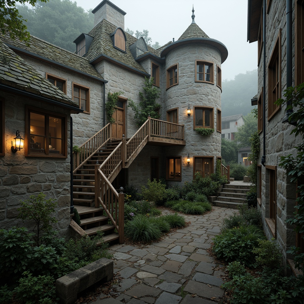 Prompt: Rustic watchtower, stone walls, ivy-covered facades, wooden shutters, metal lanterns, winding staircases, narrow windows, fortified battlements, moss-covered roofs, weathered copper accents, ornate ironwork, mystical atmosphere, foggy mornings, soft golden lighting, high-angle view, cinematic composition, detailed textures, ambient shadows.