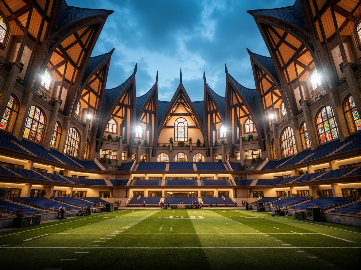 Prompt: Gothic-inspired football stadium, pointed arches, ribbed vaults, flying buttresses, ornate stone carvings, grandiose entrance gates, medieval-style towers, imposing grandstands, lush green turf, vibrant team colors, intricate stained glass windows, dramatic spotlights, atmospheric misting systems, rust-colored steel beams, weathered stone walls, rough-hewn wooden benches, mystical ambiance, warm golden lighting, 1/2 composition, cinematic camera angles, high-contrast textures, ambient occlusion.