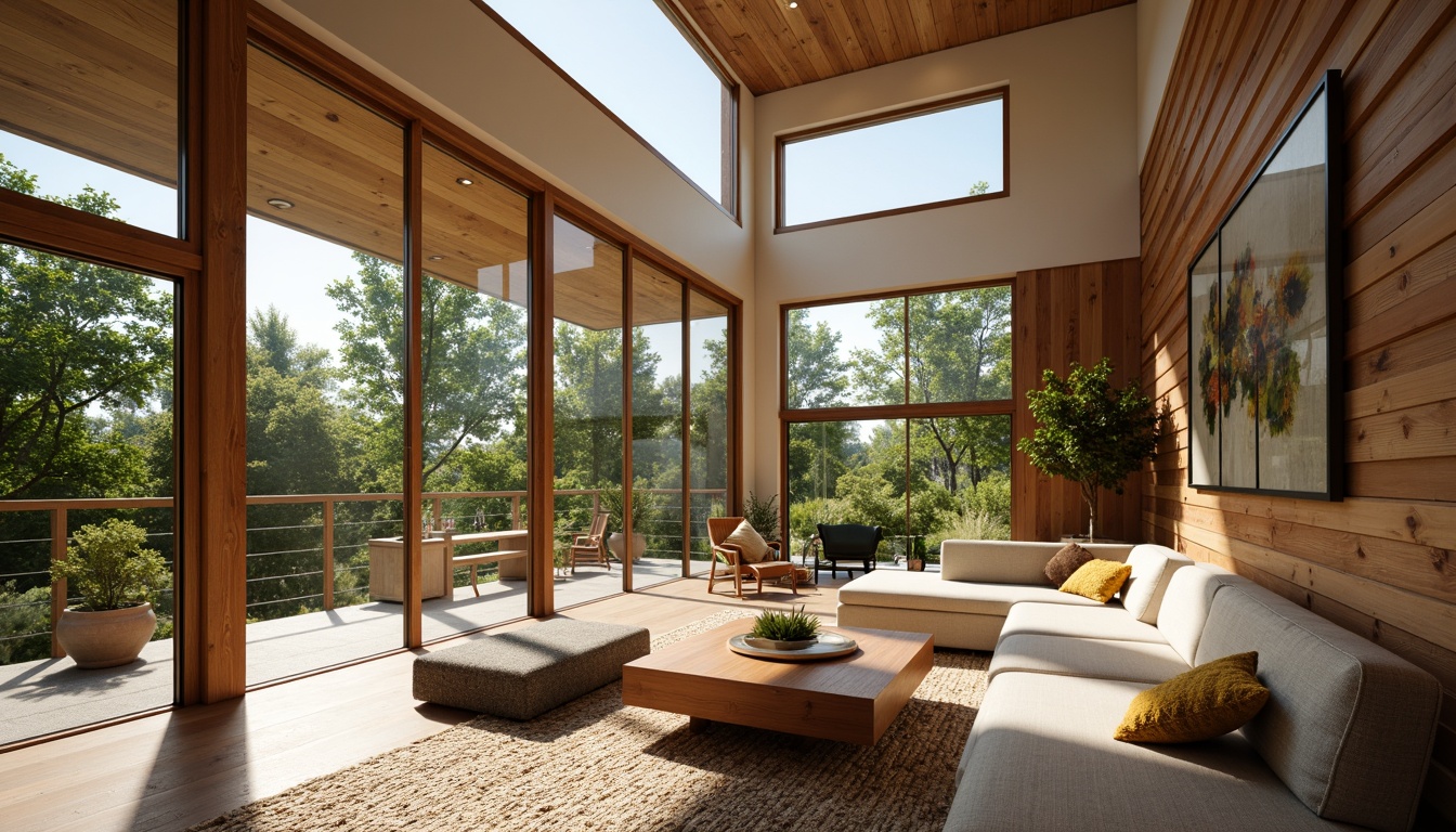 Prompt: Cozy living space, large windows, operable glass doors, clerestory windows, skylights, solar tubes, natural light, cross ventilation, stack effect, windcatchers, trickle vents, shading devices, overhangs, louvers, green roofs, external solar shades, thermal mass walls, breathable materials, earthy color palette, organic textures, soft warm lighting, 1/1 composition, realistic render, ambient occlusion.