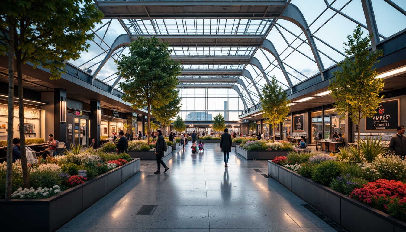 Prompt: Modern market hall, futuristic architecture, sleek metal beams, glass roofs, minimalist design, innovative materials, recycled plastics, sustainable textiles, vibrant color schemes, geometric patterns, ambient lighting, shallow depth of field, 3/4 composition, panoramic view, realistic reflections, urban landscape, bustling atmosphere, morning light, soft warm glow.