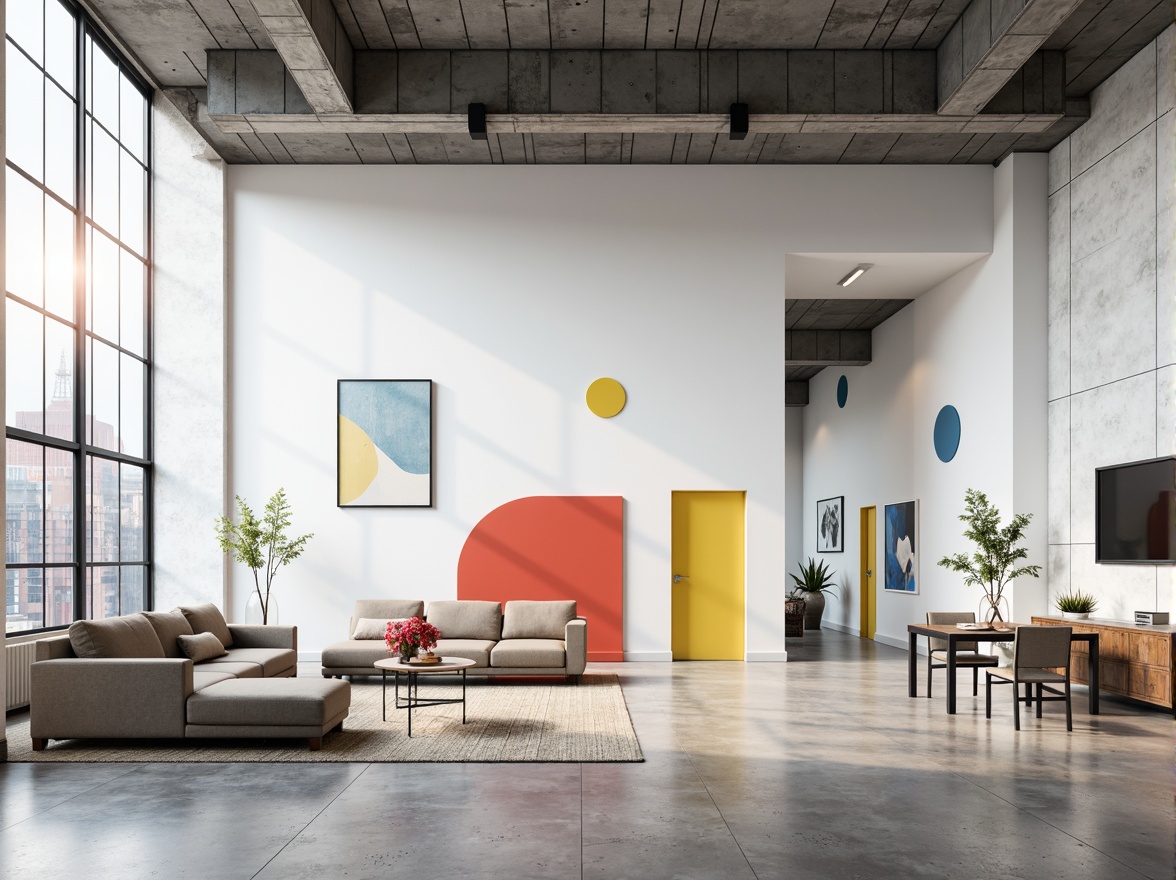 Prompt: Simple white walls, industrial metal beams, functional furniture, geometric shapes, primary color accents, clean lines, minimal ornaments, natural light, open floor plans, functional spaces, urban cityscape, modernist architecture, rectangular forms, steel windows, concrete floors, industrial chic decor, subtle texture contrasts, high ceiling heights, airy atmospheres, soft diffused lighting, 1/1 composition, realistic renderings.