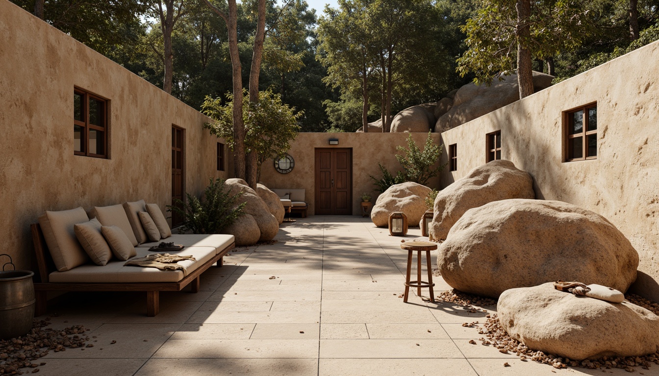 Prompt: Rustic outdoor setting, khaki-colored stone walls, textured concrete floors, rough-hewn wooden planks, natural rock formations, earthy terrain, moss-covered boulders, weathered metal accents, distressed leather straps, vintage military-inspired accessories, warm sunny day, soft diffused lighting, shallow depth of field, 1/1 composition, realistic normal maps, ambient occlusion.