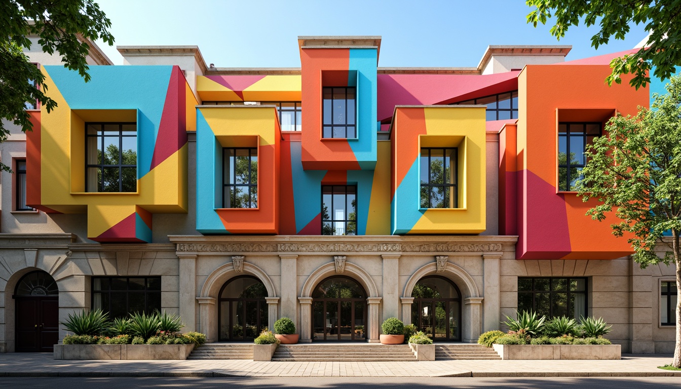 Prompt: Vibrant public administration building, irregular geometric shapes, bold color contrasts, fragmented forms, playful ornamental details, postmodernist facade design, grand entrance archways, imposing columns, intricate stone carvings, ornate metalwork, asymmetrical compositions, juxtaposed materials, dynamic light effects, warm sunny day, soft natural lighting, shallow depth of field, 2/3 composition, realistic textures, ambient occlusion.