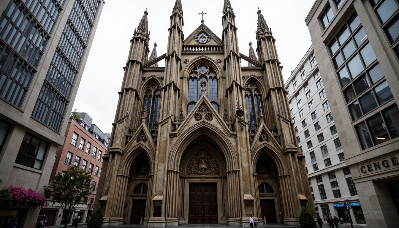 Prompt: Gothic cathedral, intricate stone carvings, ribbed vaults, pointed arches, grandiose entrance, ornate decorations, oxidized aluminum panels, metallic luster, weathered patina, modern twist on traditional design, industrial chic aesthetic, urban cityscape, overcast sky, dramatic lighting, high contrast ratio, 1/1 composition, symmetrical framing, sharp focus, realistic reflections.