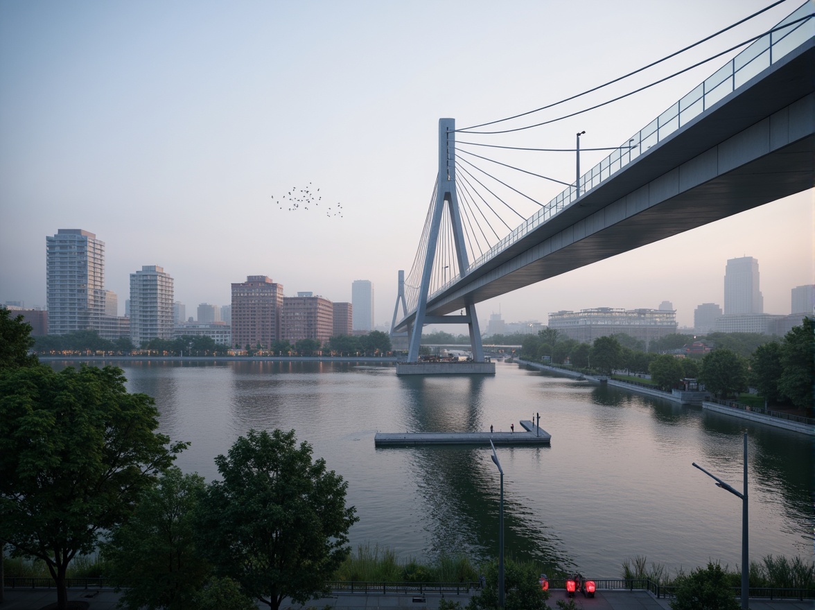 Prompt: Sleek bridge structure, gleaming steel cables, transparent glass railings, minimalist piers, modern urban landscape, calm river waters, lush greenery, vibrant city lights, foggy morning atmosphere, soft warm lighting, shallow depth of field, 3/4 composition, panoramic view, realistic reflections, ambient occlusion.