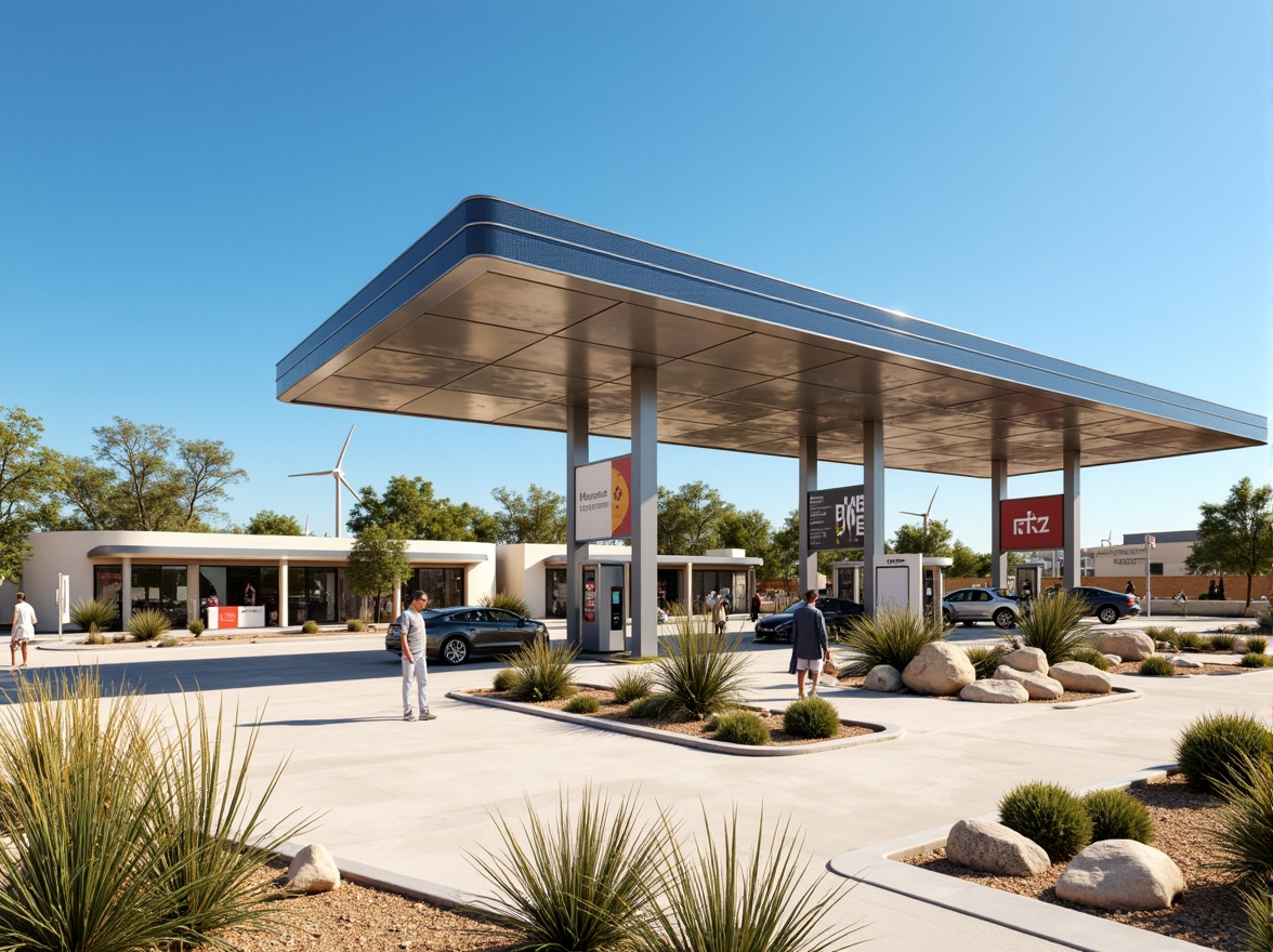 Prompt: Futuristic gas station, neon-lit canopy, metallic accents, sleek lines, modern architecture, electric vehicle charging stations, solar panels, wind turbines, green roofs, eco-friendly materials, innovative LED lighting, misting systems, angular planters, succulent gardens, desert-inspired landscaping, sandy terrain, cactus plants, hot sunny day, clear blue sky, vast open space, 3/4 composition, panoramic view, realistic textures, ambient occlusion.