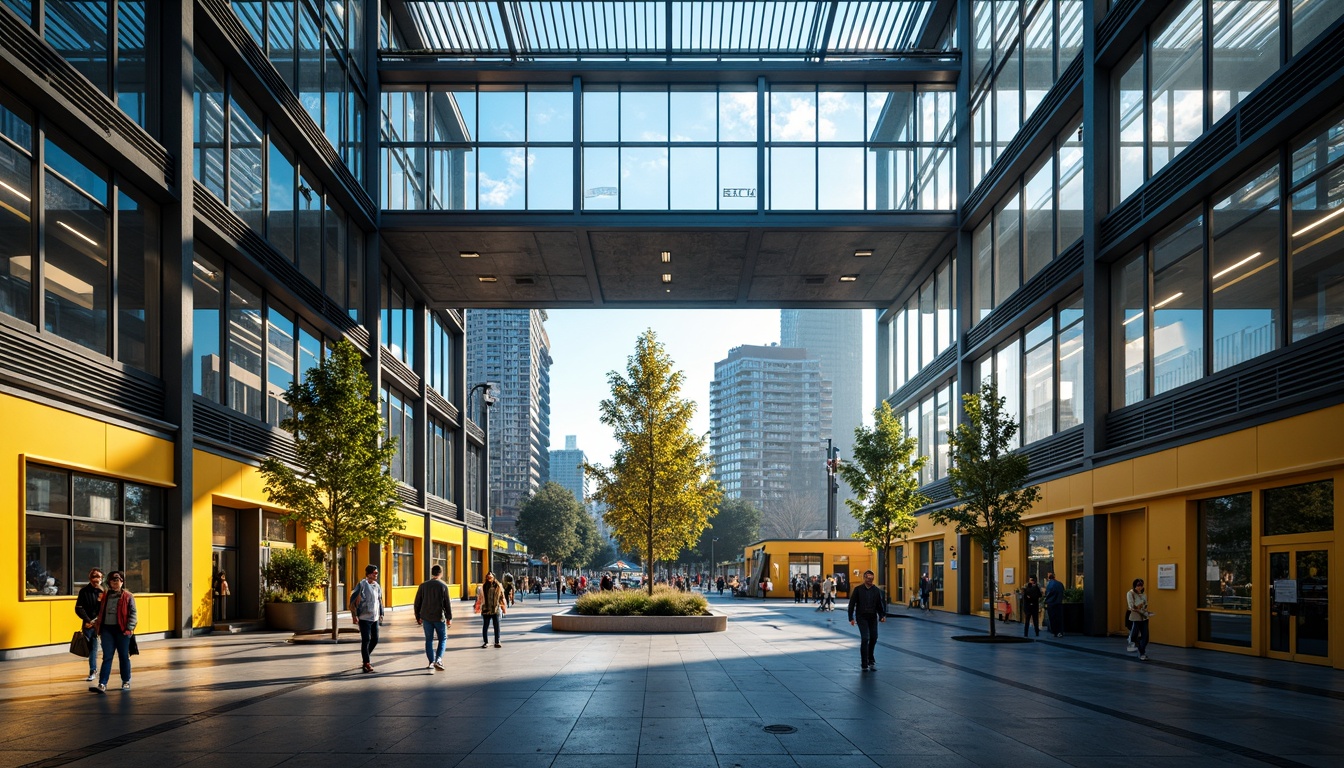 Prompt: Vibrant train station, modern architecture, sleek metal beams, glass ceilings, industrial chic decor, bold color scheme, bright yellow accents, deep blue tones, neutral gray backgrounds, urban cityscape, bustling atmosphere, morning sunlight, warm gentle lighting, shallow depth of field, 2/3 composition, realistic textures, ambient occlusion.