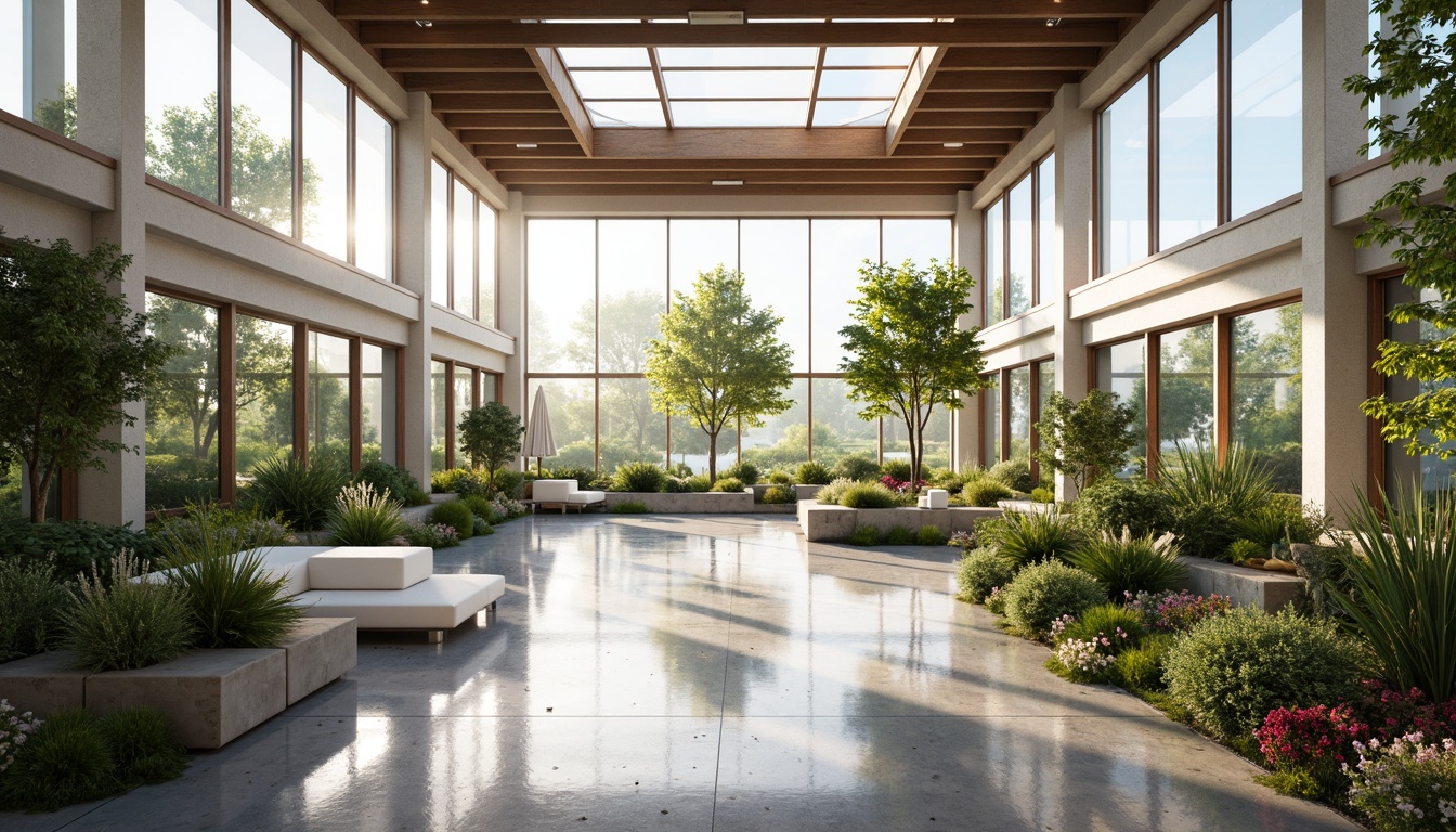 Prompt: \Spacious open-plan interior, floor-to-ceiling windows, clerestory windows, skylights, transparent glass roofs, reflective white walls, polished concrete floors, minimal obstructions, unobstructed views, natural stone accents, wooden beams, industrial-chic aesthetic, abundant greenery, lush plants, vibrant flowers, morning sunlight, soft warm glow, high ceilings, airy atmosphere, 1/1 composition, shallow depth of field, realistic textures, ambient occlusion.\Let me know if this meets your requirements!