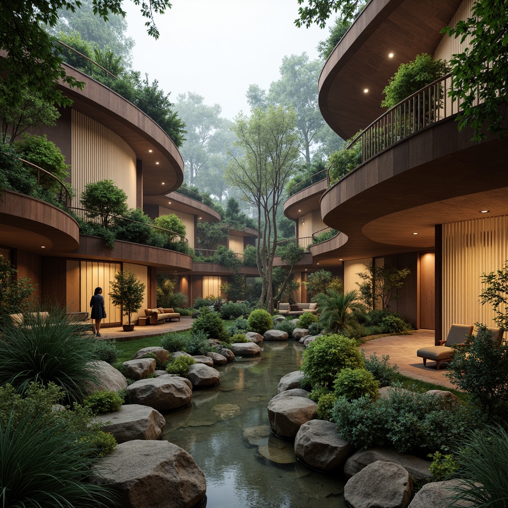 Prompt: Curved lines, irregular forms, earthy tones, natural materials, reclaimed wood, living walls, green roofs, organic structures, biomimetic design, flowing water features, lush vegetation, misty atmosphere, soft warm lighting, 1/1 composition, intimate scale, seamless integration, blurring boundaries, harmonious coexistence.