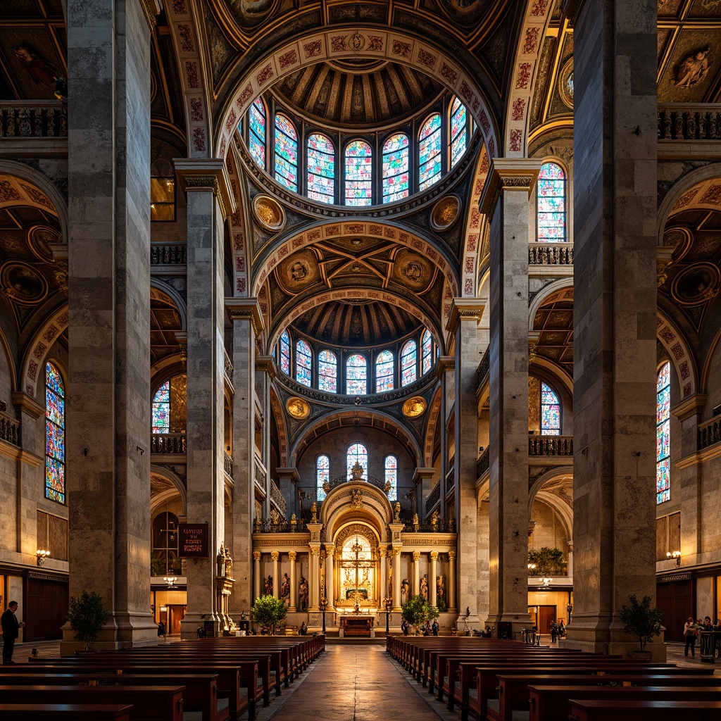 Prompt: Intricate Byzantine architecture, grandiose cathedral, ornate stained glass windows, kaleidoscope colors, golden mosaics, intricate stone carvings, ornamental frescoes, majestic domes, sacred icons, mystical ambiance, soft warm lighting, dramatic shadows, 1/1 composition, symmetrical framing, realistic textures, ambient occlusion.