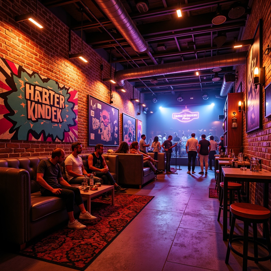 Prompt: Vibrant music venue, eclectic social housing, bold color palette, neon lights, graffiti walls, urban street art, industrial chic decor, exposed brick, concrete floors, reclaimed wood accents, edgy metal fixtures, abstract geometric patterns, moody atmospheric lighting, intimate stage setting, cozy lounge areas, eclectic furniture arrangements, dynamic crowd scenes, warm golden hour, cinematic shallow depth of field, 2/3 composition, stylized textures, ambient occlusion.